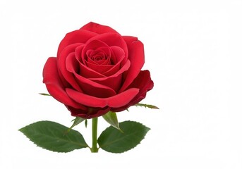 Naklejka premium Elegant red rose blossom with green leaves isolated on a clean white background, showcasing its vibrant color
