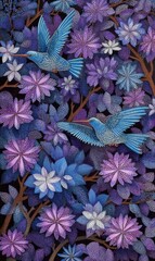 Tropical flowers and birds painting