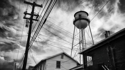 Monochromatic urban scene with water tower and power lines.