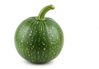 A single green pumpkin with light speckles and stem isolated on a white background