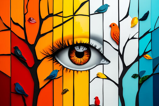 A close up of a woman's eye surrounded by birds and trees