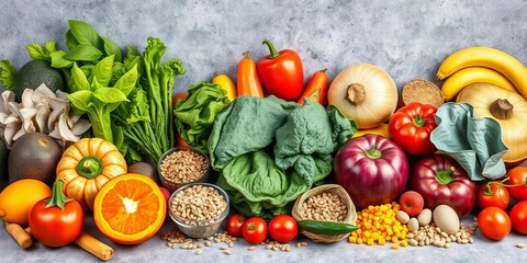 Vibrant array of healthy fruits, vegetables, seeds, and superfoods on a gray concrete background, healthy food, still life