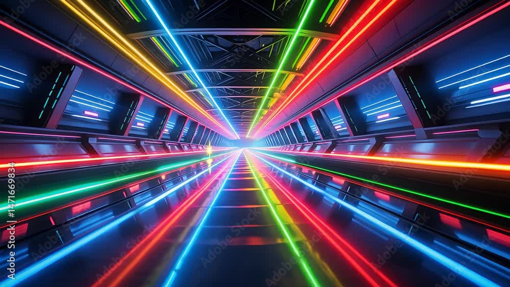 Poster colorful neon laser lights creating a tunnel of reflections with symmetrical lines and futuristic gl