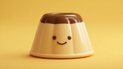 Fototapeta premium Cute Dessert Pudding with Smiling Face on Yellow Background