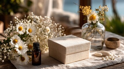 Set of 3 unlabeled glass bottles on wooden plank with blurry tropical leaves in background, natural daylight 