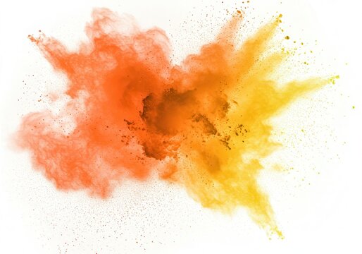 Explosion of vibrant orange and yellow powder against a clean white background creates a dynamic burst of color