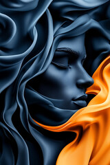 A woman's face is surrounded by orange and blue fabric