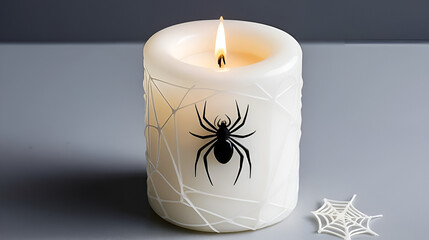 a white paraffin candle entwined with a spider's web