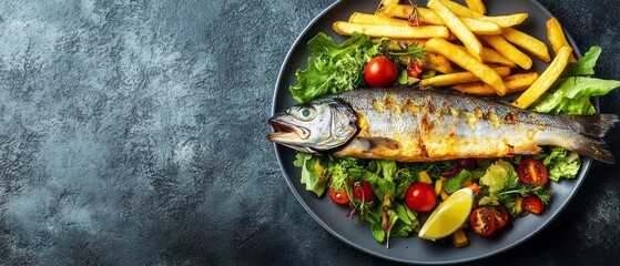 Roasted fish served with french fries and vegetables.