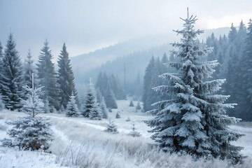 Obraz premium Snowy fir and pine trees stand frosted in the cold winter mountain forest landscape under a blue sky in the morning