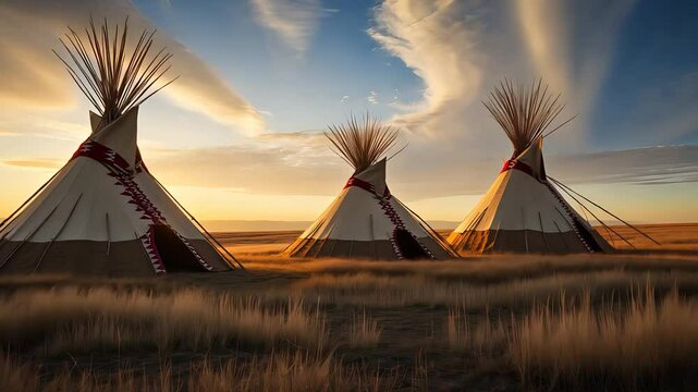 Three traditional tipis standing in a golden grassy field during sunset with dramatic clouds and warm sky on a peaceful open plain

