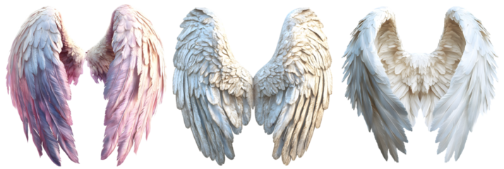 Set of colorful angel wings in pastel shades, isolated on transparent background