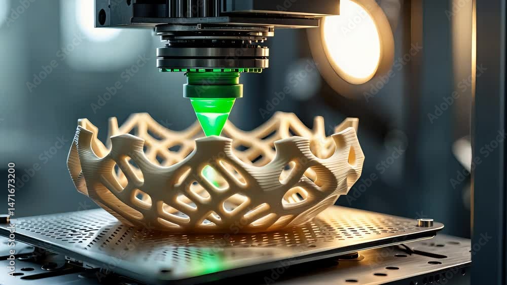 Aufkleber close-up of 3d printer creating a complex geometric object with glowing green nozzle under studio li