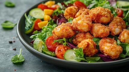 Fototapeta premium Crispy shrimp salad with colorful vegetables on a plate.
