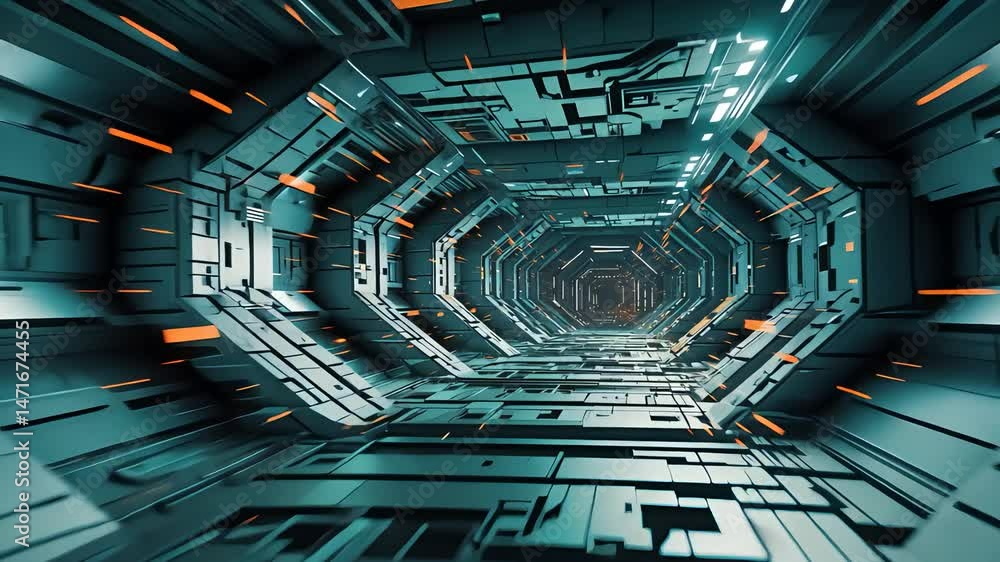 Poster futuristic sci-fi tunnel with glowing teal and orange lights, digital corridor with geometric patter