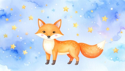 Obraz premium Celestial fox, a watercolor painting of fox under starry night sky whimsical