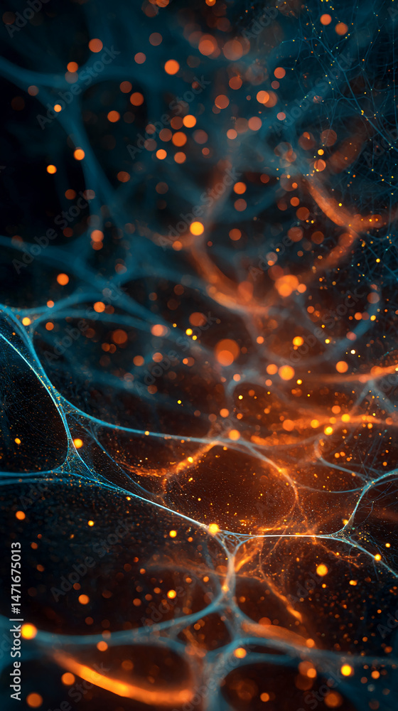 Poster Abstract image of glowing teal lines and orange sparks on dark background, creating a dynamic and energetic visual, showcasing technological or cosmic concepts