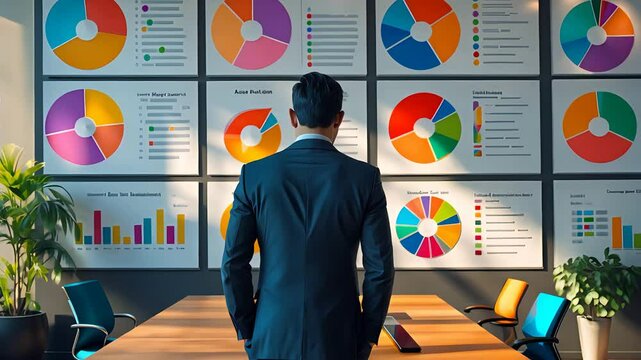 Confident businessman analyzing colorful pie charts and bar graphs on a modern office wall during corporate financial presentation

