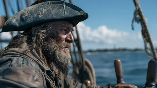 Weathered pirate captain steering an old sailing ship on the open sea, wearing tricorn hat and holding the wooden ship's wheel, nautical voyage