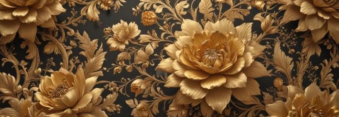 Opulent gold floral wallpaper, vibrant blooms, intricate detailing, tapestry, leaves, detail