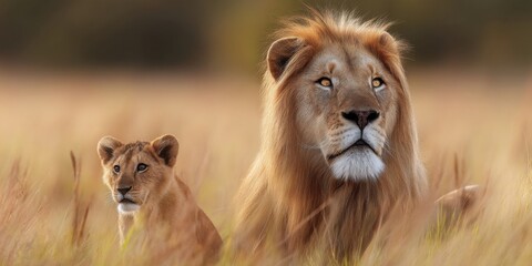 Obraz premium Majestic African lion and cub, serene in golden savanna grass at sunrise, showcasing powerful male and vulnerable young. : Generative AI