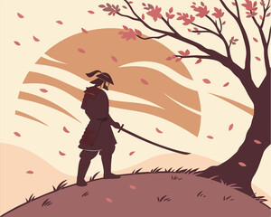 A samurai standing on a hilltop at sunset, with a katana drawn, cherry blossom petals blowing in the wind.
