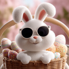Cute Easter Bunny with sunglasses looking out of a car filed with easter eggs