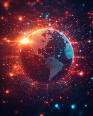 Obraz premium Predictive Marketing Models, Customer Insight Visualization Glowing Digital Earth Illustration with Bright Stars and Light Trails