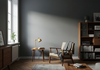 Cozy living room interior with armchair, lamp and bookshelf in natural light