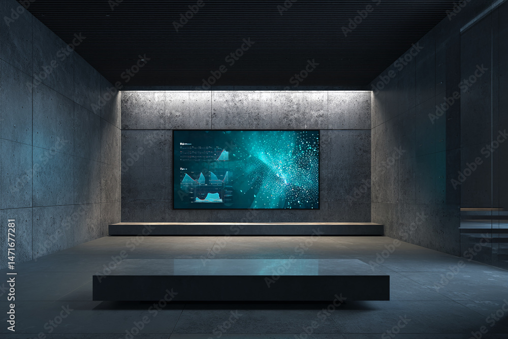 Poster modern concrete room showcasing large screen displaying data visualization, minimalist design, ideal