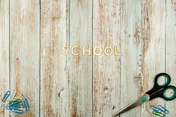 School banner top view. School background with scissors and scrapers