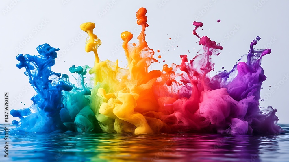 Poster vibrant colored ink swirling in water, creating a dynamic and abstract pattern