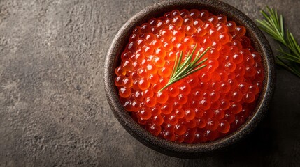 Dark bowl of red caviar with rosemary garnish.