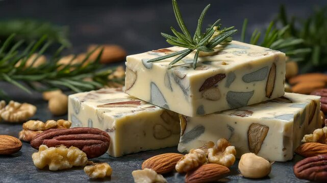 Stacked white chocolate fudge squares with almonds, walnuts, pecans, and rosemary sprig garnish on textured surface. Gourmet dessert treat.
