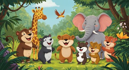 Fototapeta premium Group of adorable jungle animals in lush forest environment colorful cartoon illustration