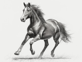 Obraz premium Running Horse Graphite Drawing: A dynamic grayscale drawing of a horse in full gallop, showcasing its powerful muscles and flowing mane.