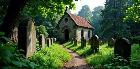 Obraz premium Ancient chapel, weathered tombstones, overgrown cemetery , picture, shadow