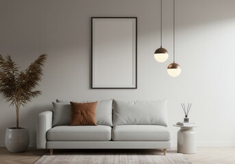 Modern living room interior with sofa, frame, plant and pendant lights