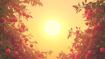Warm sunset view through fruit trees.