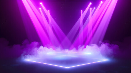 Abstract purple stage with glowing lights and smoke for entertainment and design