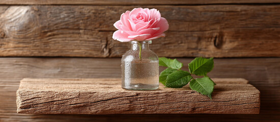 Dewy pink rose inside vintage glass bottle on wooden shelf 32k, full ultra hd, high resolution