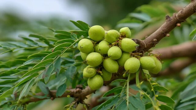 Close-up of a bunch of green Phyllanthus emblica fruits growing on a branch with delicate leaves and a blurry background
