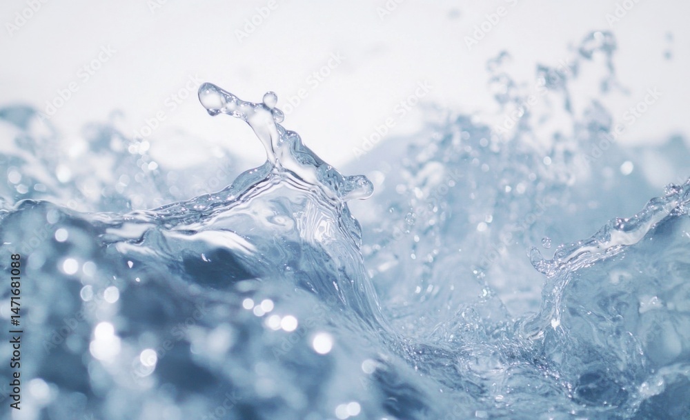Poster Closeup of a dynamic water splash, showcasing the translucent texture and glistening droplets of pure water in motion.  The image evokes a sense of freshness and purity. : Generative AI