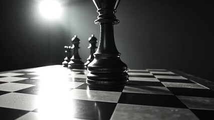 Dramatic chess scene featuring black queen facing off against rook and bishops