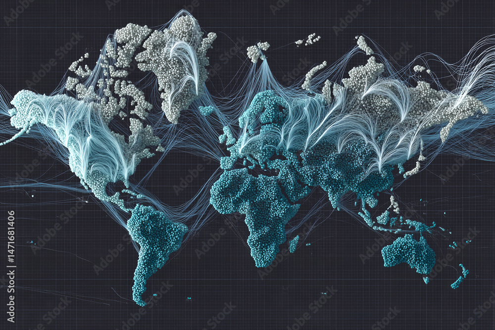 Poster stylized world map, teal and grey spheres, connected by thin lines, representing global connections 