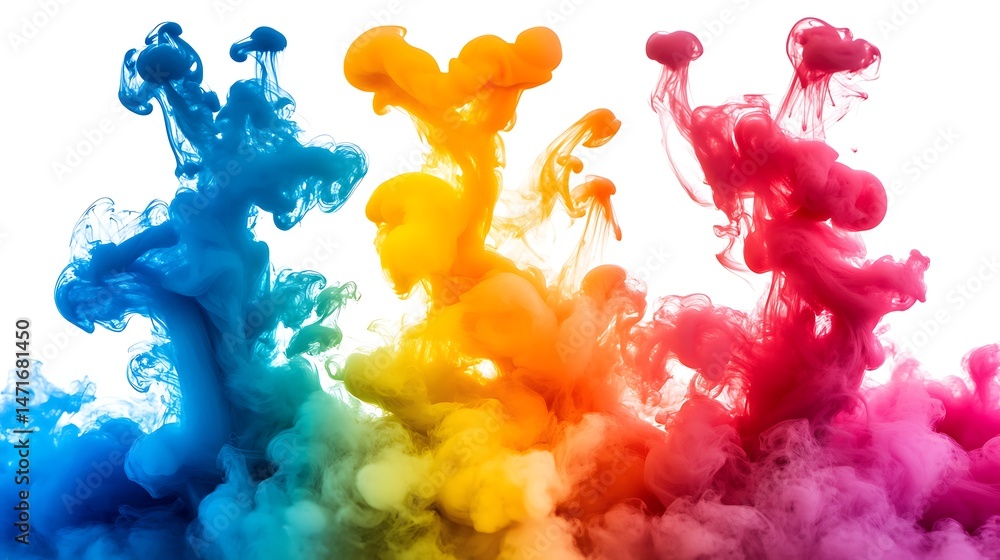 Poster vibrant colored ink swirling in water, creating a dynamic and abstract pattern
