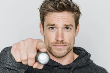 Person holding flashlight, serious expression, focused on equipment. Concept of person holding flashlight emphasizes importance of light in dark environments.