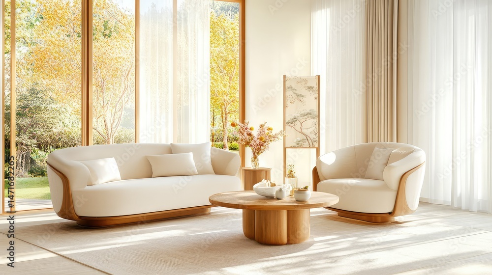 Poster armchair and sofa set in softly lit room with screen and coffee table creating warm mood