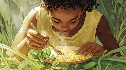 Person eating slowly and mindfully with a plate of whole grains and greens