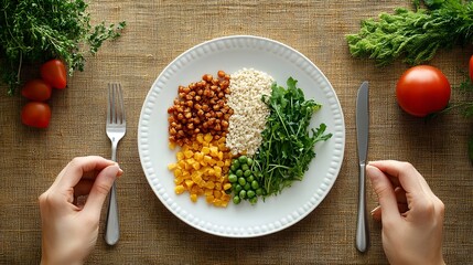 Person eating slowly and mindfully with a plate of whole grains and greens